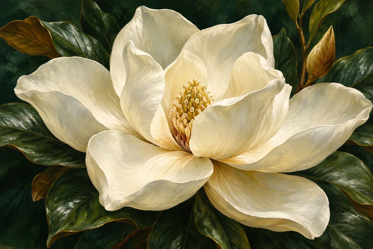 Sculptural ivory magnolia blossom against a deep green backdrop