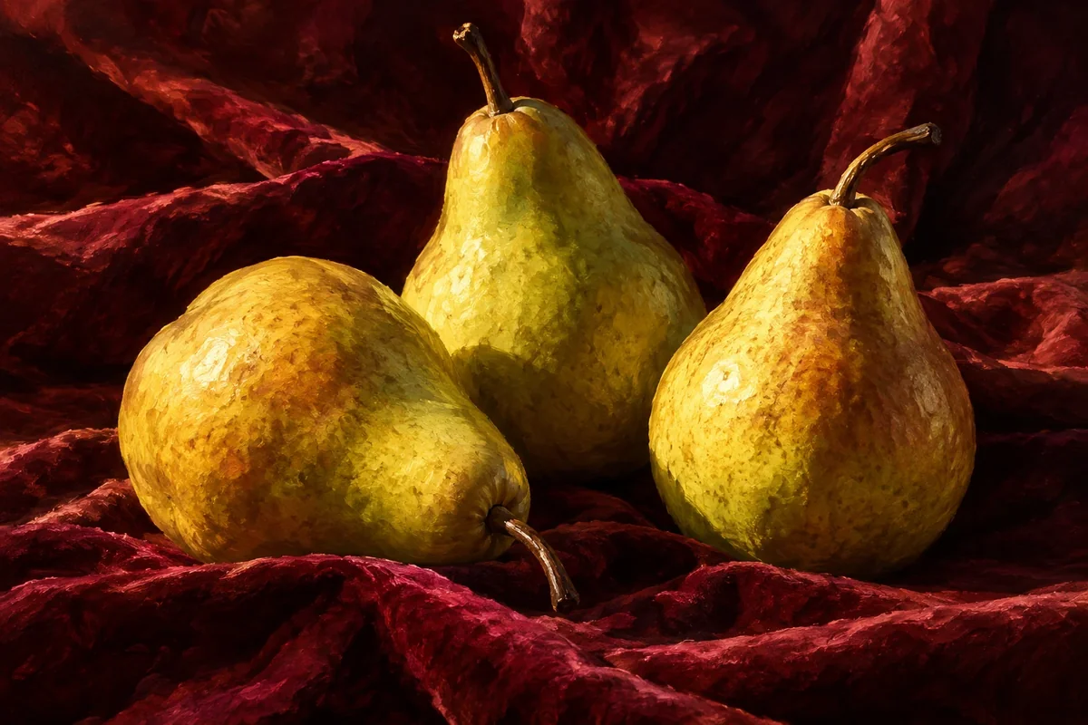 Three yellow-green pears on burgundy fabric in dramatic soft light