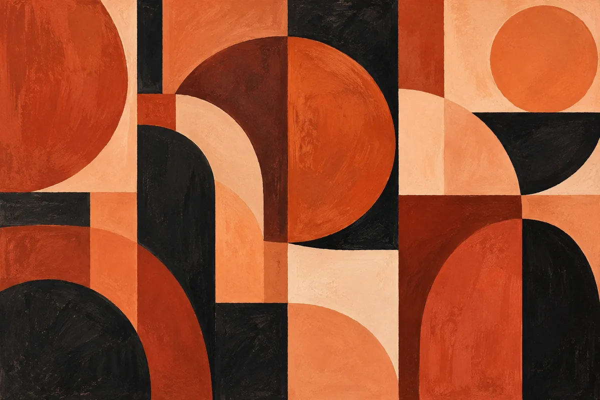 Geometric abstract composition in terracotta, peach and black