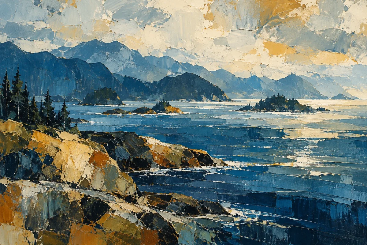 Abstract coastal landscape in deep blue, warm ochre and ivory