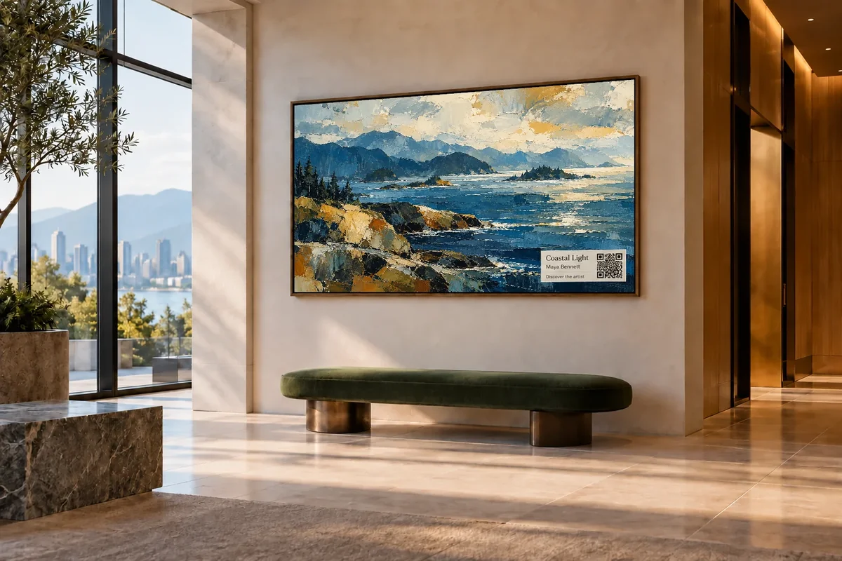 Lobby display concept showing Coastal light with a small artist label and illustrative QR code aligned to the frame