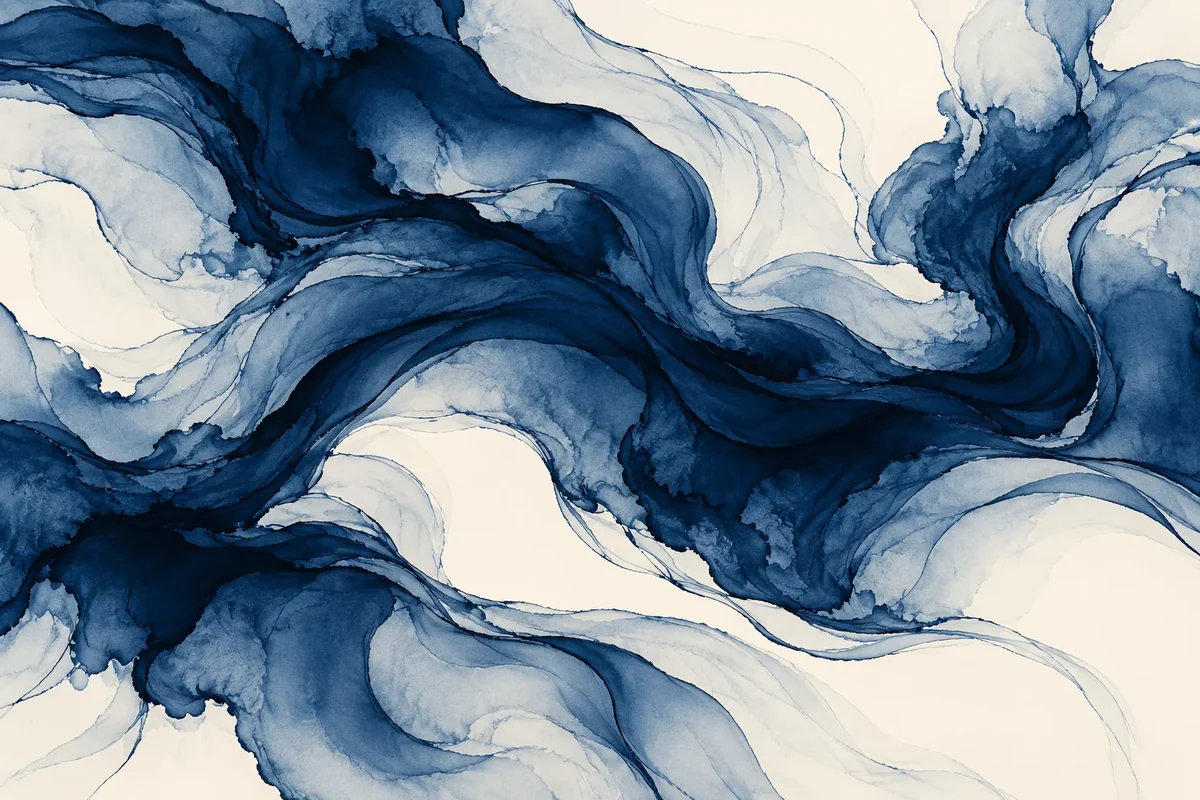 Flowing indigo ink shapes on a warm ivory background