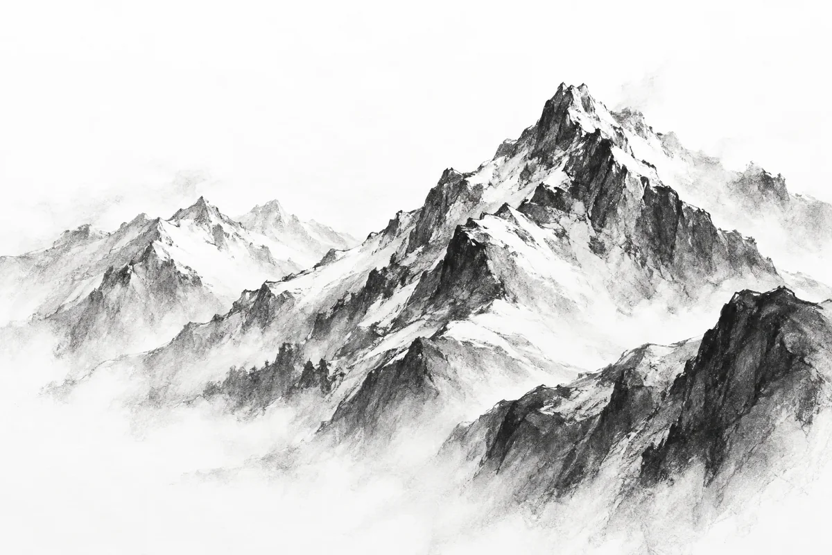 Monochrome charcoal mountain peaks surrounded by white negative space