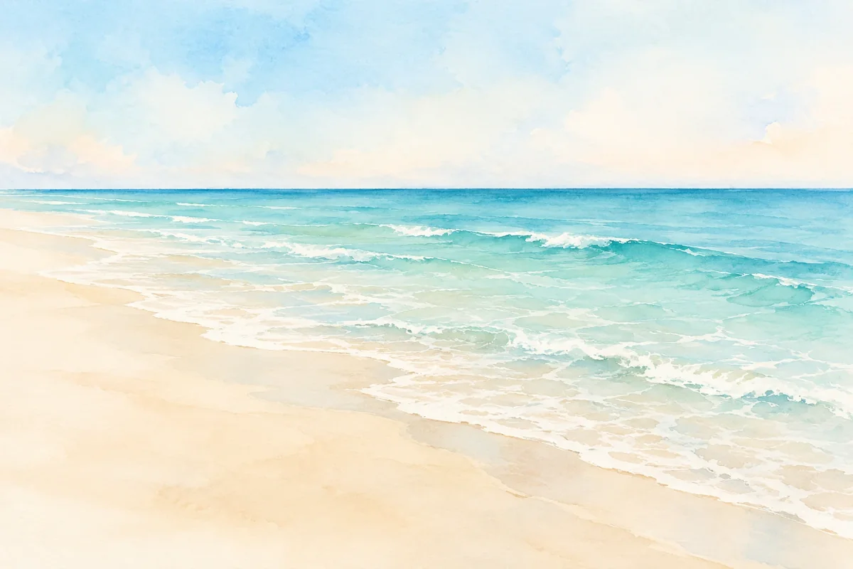 Minimal sandy shoreline and turquoise tide in soft watercolour washes